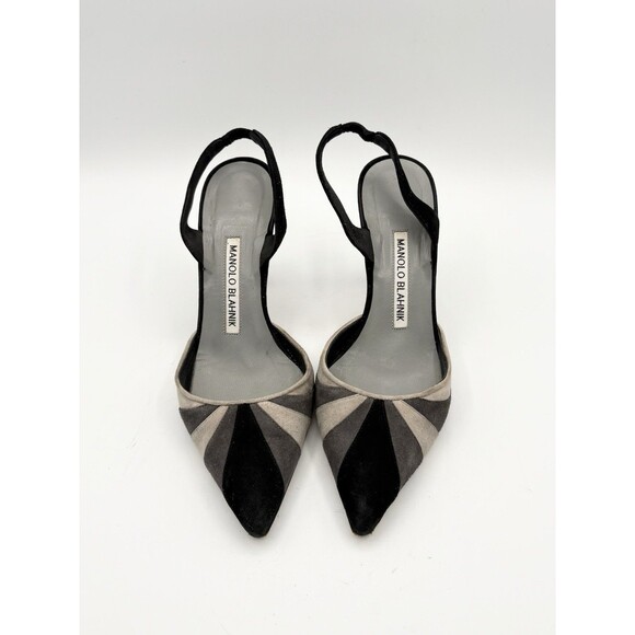Manolo Blahnik Shoes - Manolo Blahnik Gray & Black Suede Stripes Slingback Pointed Toe Heels Size EU 35